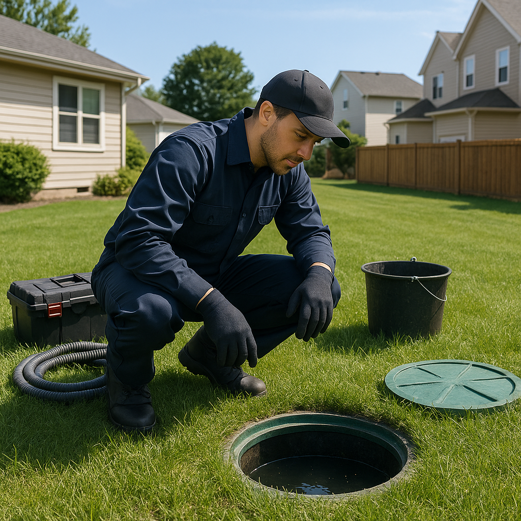 Septic technician inspecting system at a Port St. Lucie home